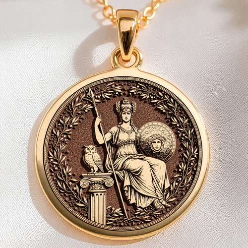 14K solid gold Athena Wisdom Medallion Pendant: round  of Athena Greek goddess of wisdo...
