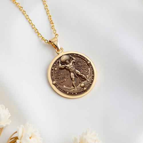 14K solid gold Atlas Titan Pendant: round  of Atlas Greek Titan holding celestial spher...