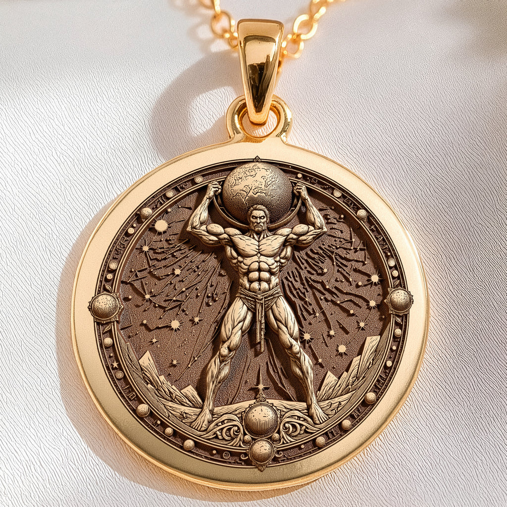 14K solid gold Atlas Titan Pendant: round  of Atlas Greek Titan holding celestial globe...