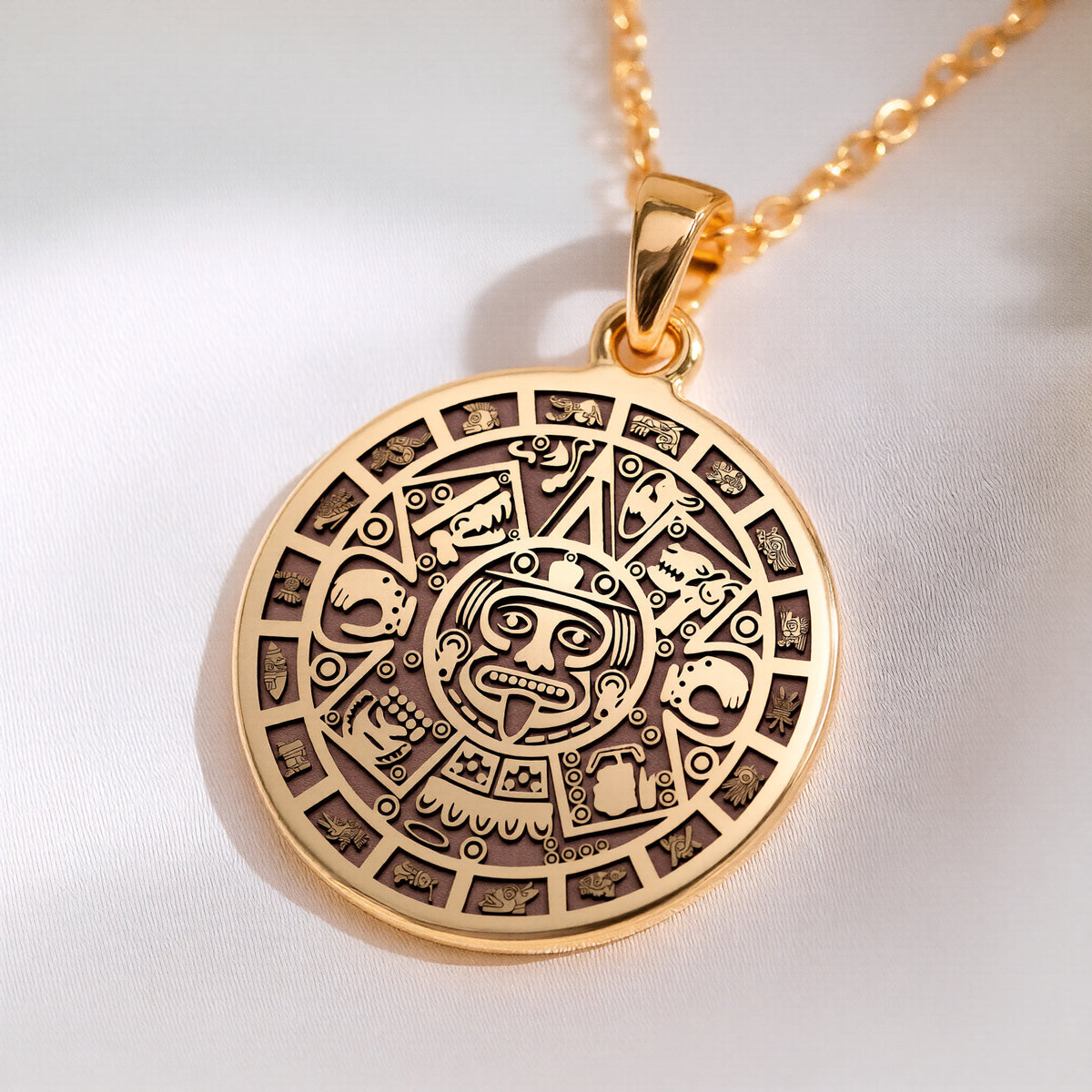 14K solid gold Aztec Sun Stone Calendar Medallion: round  Aztec Sun Stone calendar desi...