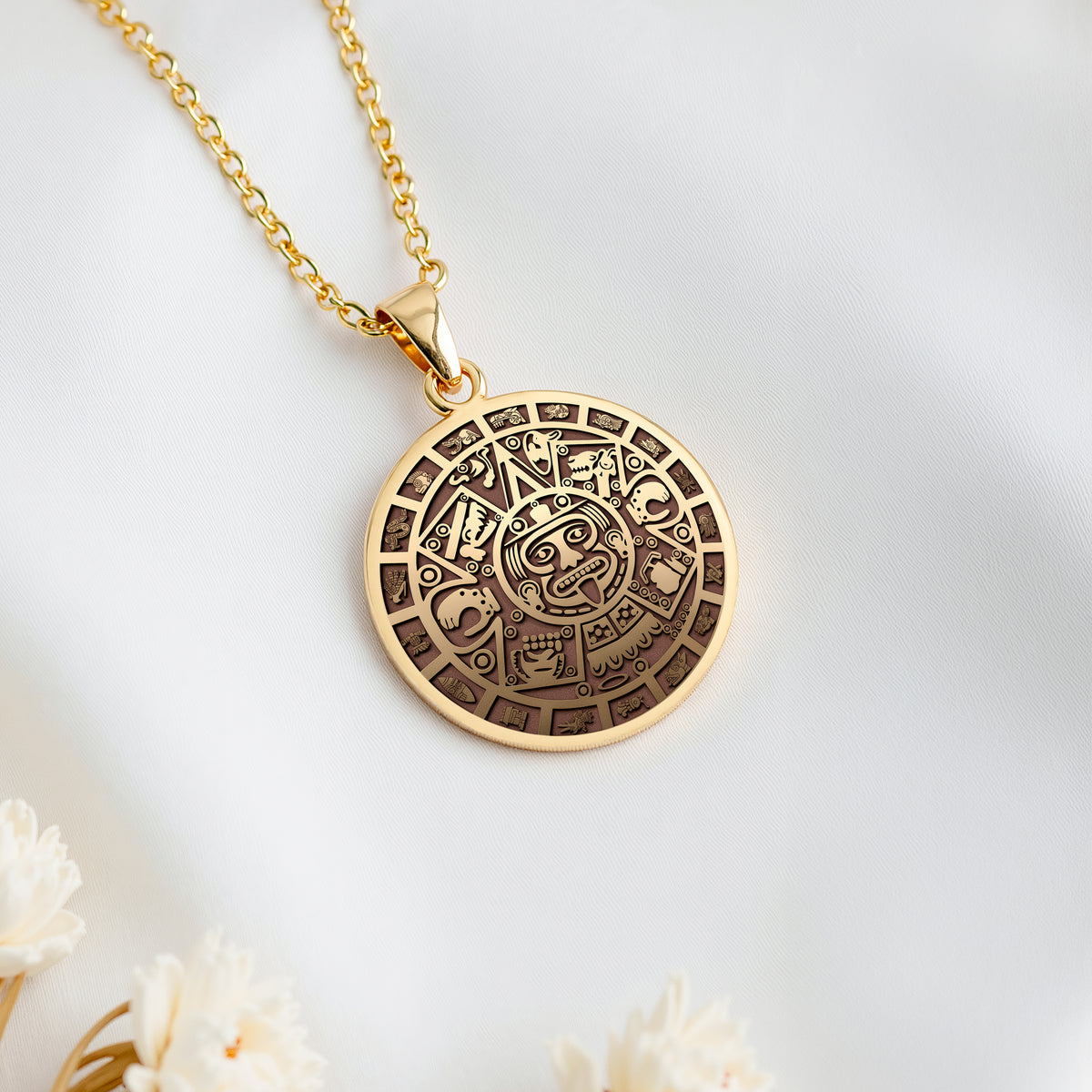 14K solid gold Aztec Sun Stone Calendar Medallion: round  of Aztec Sun Stone Calendar e...
