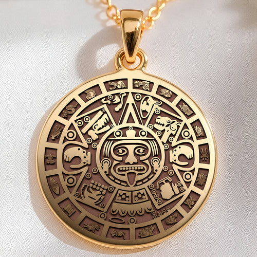 14K solid gold Aztec Sun Stone Calendar Medallion: round  Aztec Sun Stone Calendar with...