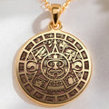 14K solid gold Aztec Sun Stone Calendar Medallion: round  Aztec Sun Stone Calendar with...