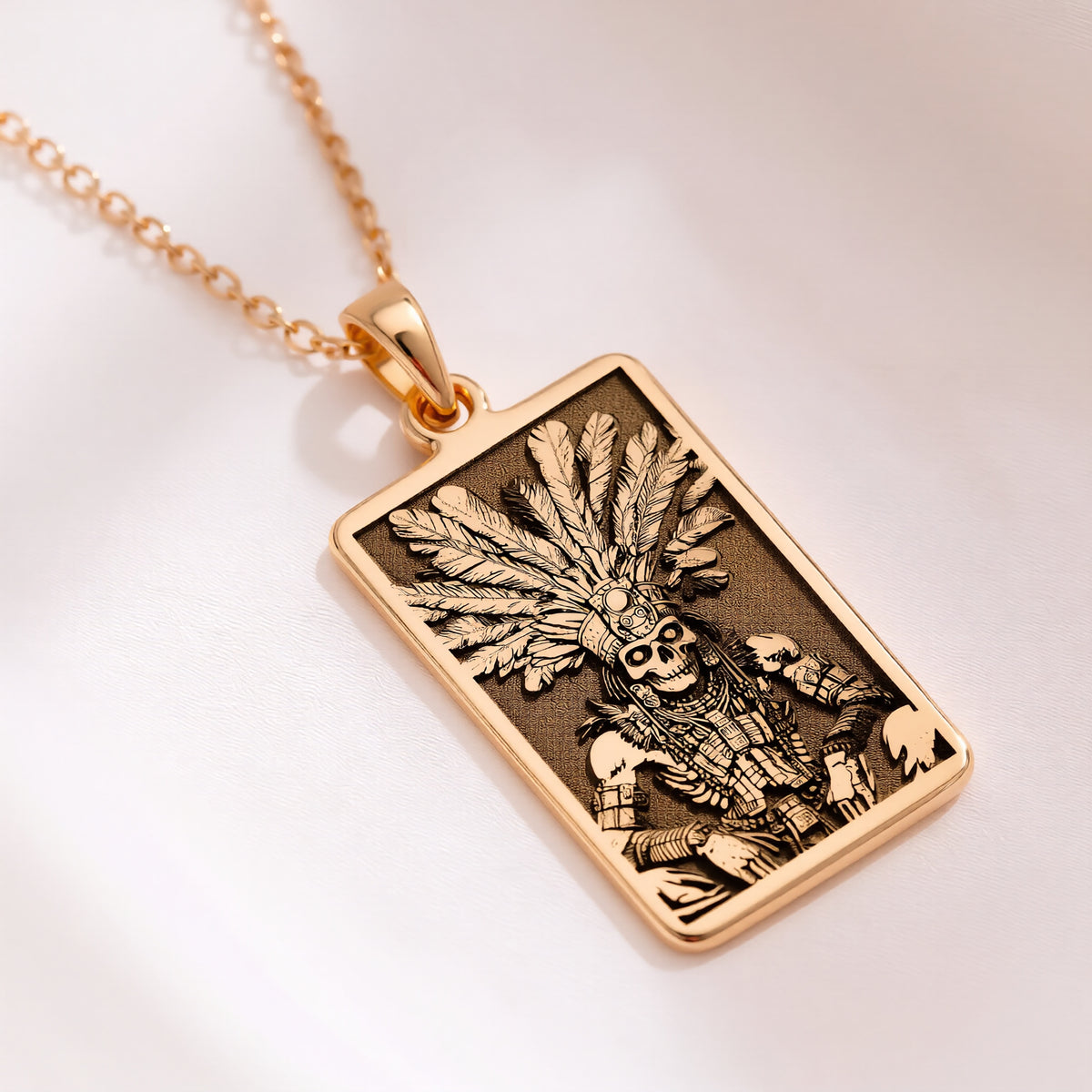 Aztec Warrior Tarot Skull Pendant in 14K Solid Gold 14mm — side view — Shop Luminous Luxury Crafts