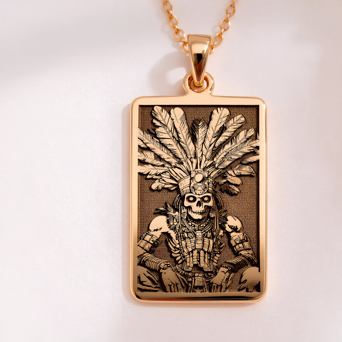 Aztec Warrior Tarot Skull Pendant in 14K Solid Gold 14mm — front view — Shop Luminous Luxury Crafts
