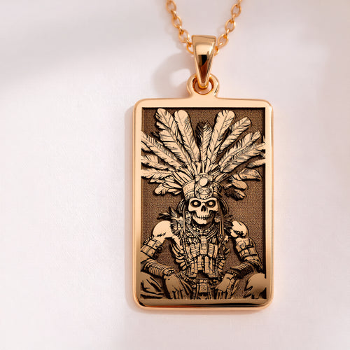 Aztec Warrior Tarot Skull Pendant in 14K Solid Gold 14mm — front view — Shop Luminous Luxury Crafts