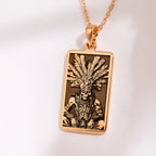 Aztec Warrior Tarot Skull Pendant in 14K Solid Gold 14mm — lifestyle view — Shop Luminous Luxury Crafts
