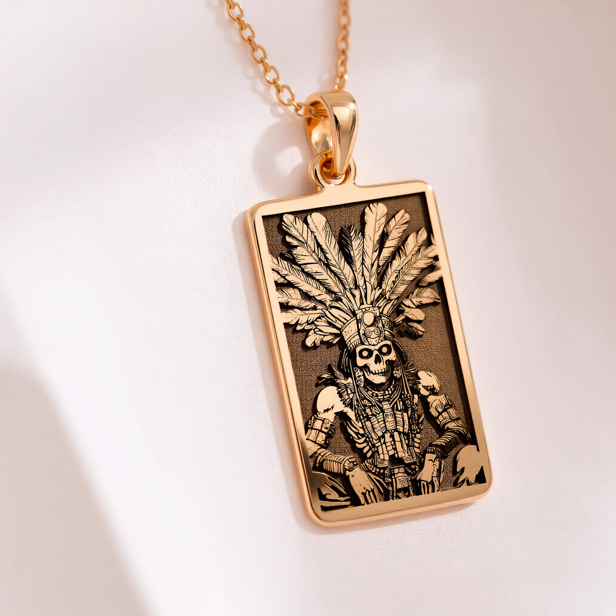 Aztec Warrior Tarot Skull Pendant in 14K Solid Gold 14mm — detail view — Shop Luminous Luxury Crafts