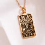 Aztec Warrior Tarot Skull Pendant in 14K Solid Gold 14mm — detail view — Shop Luminous Luxury Crafts