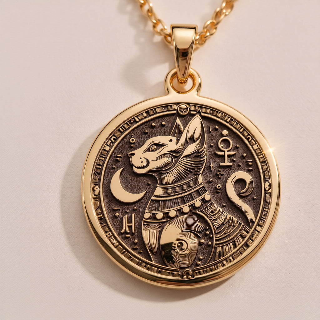 Rose Gold Plated Bastet Pendant Necklace, portraying the Egyptian Cat Goddess. A delicate and meaningful amulet, blending mythology with elegance, making it an ideal unisex jewelry piece for lovers of symbolic designs and unique gifts.