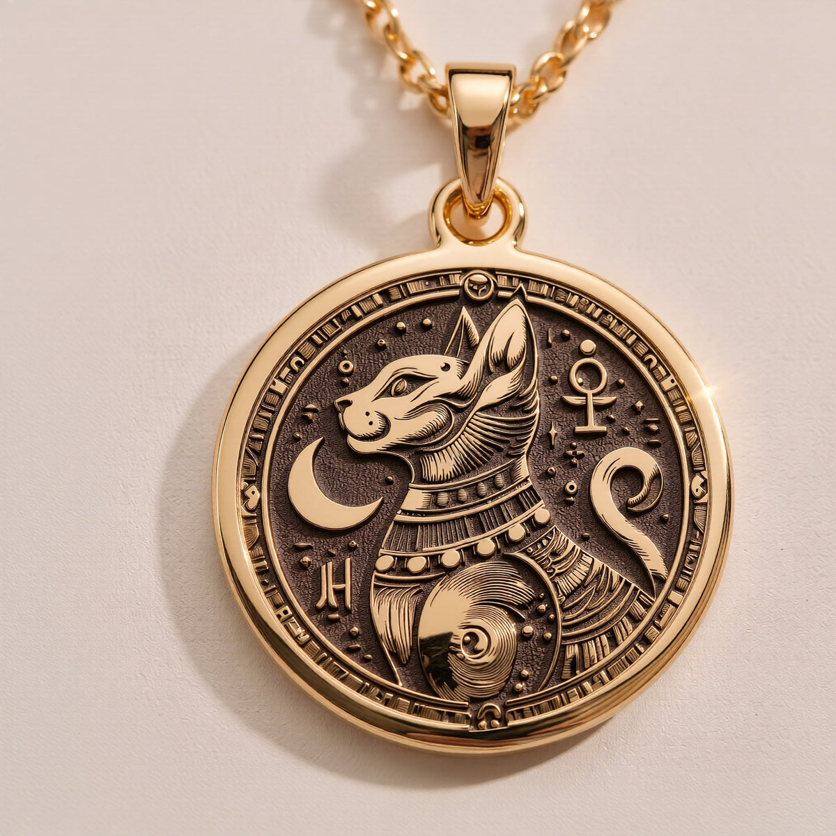 Rose Gold Plated Bastet Pendant Necklace, portraying the Egyptian Cat Goddess. A delicate and meaningful amulet, blending mythology with elegance, making it an ideal unisex jewelry piece for lovers of symbolic designs and unique gifts.