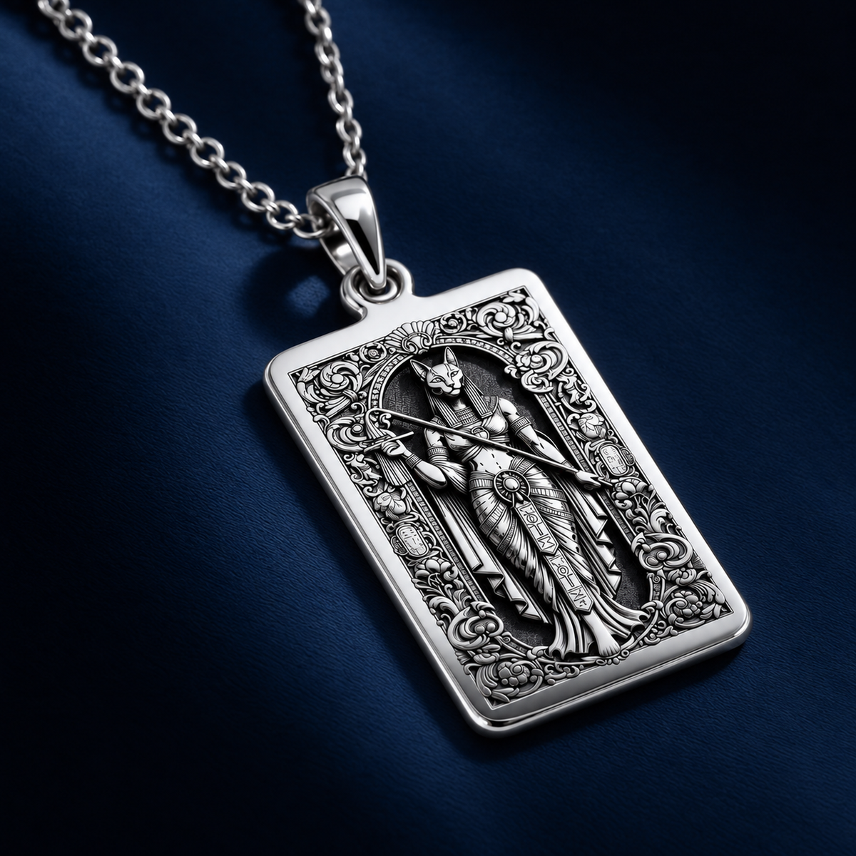 Angled perspective of 925 Sterling Silver Bastet Egyptian Cat Goddess Rectangle Pendant Necklace, showcasing textured border craftsmanship in solid hypoallergenic 925 sterling silver.