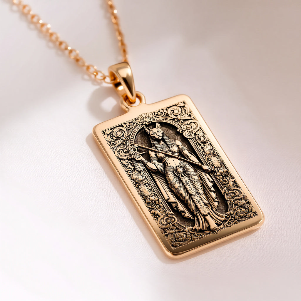 An heirloom-quality 14K solid gold tarot card amulet depicting the Goddess Bastet. This fine engraved jewelry is a sacred Kemetic paganism symbol.