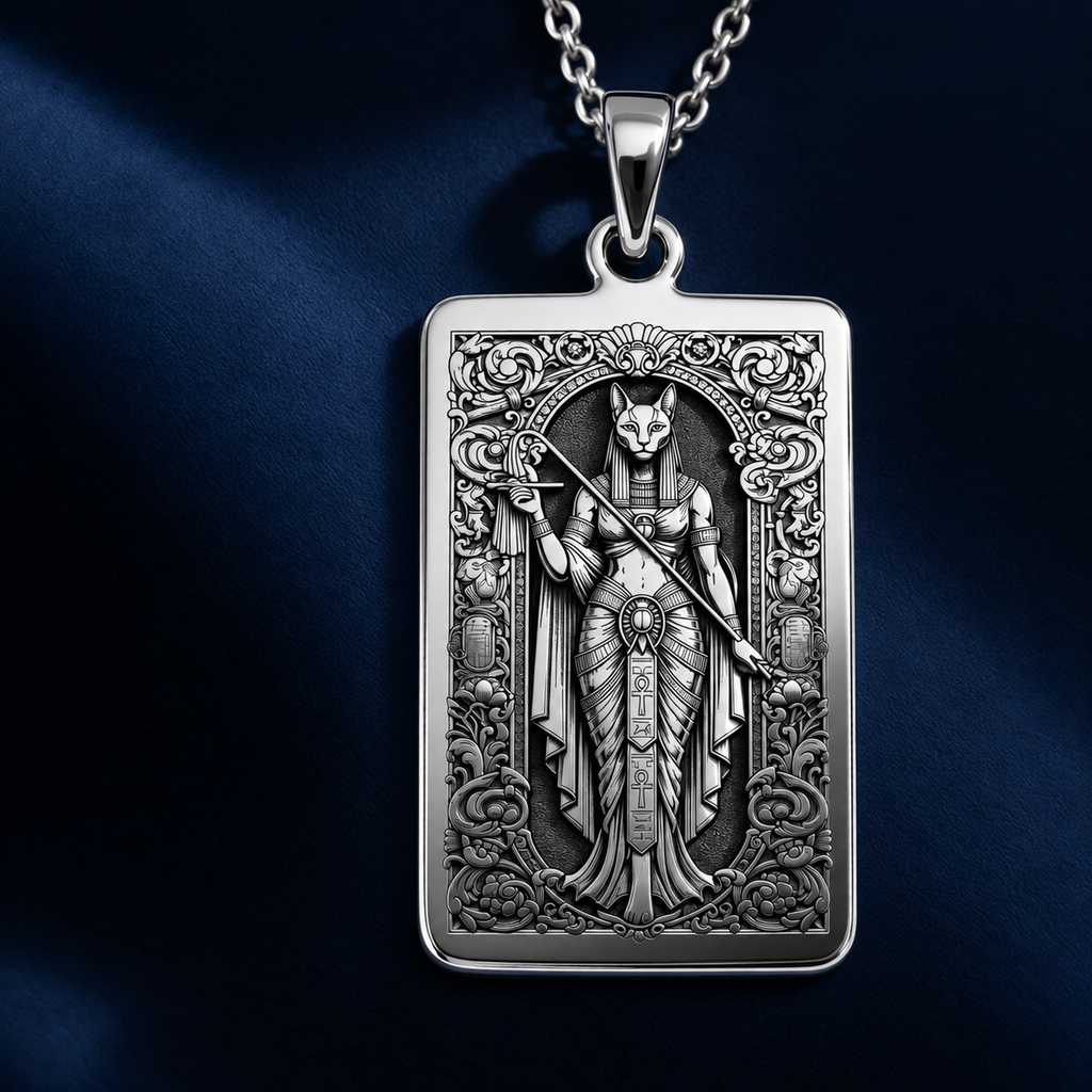 Macro detail view of 925 Sterling Silver Bastet Egyptian Cat Goddess Rectangle Pendant Necklace, highlighting polished bail and three-dimensional relief.