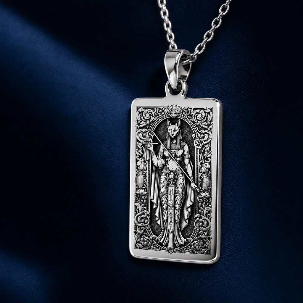 Side profile and bevel edge shot of 925 Sterling Silver Bastet Egyptian Cat Goddess Rectangle Pendant Necklace, crafted in durable solid hypoallergenic 925 sterling silver.