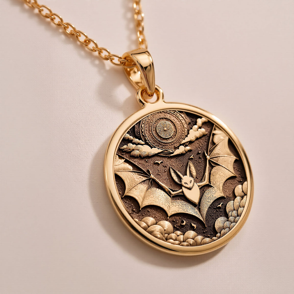 Gothic Bat Moon Pendant Necklace Necklaces 925 925 Sterling Silver winged dragon pendant necklace with intricate detail on dark fabric.