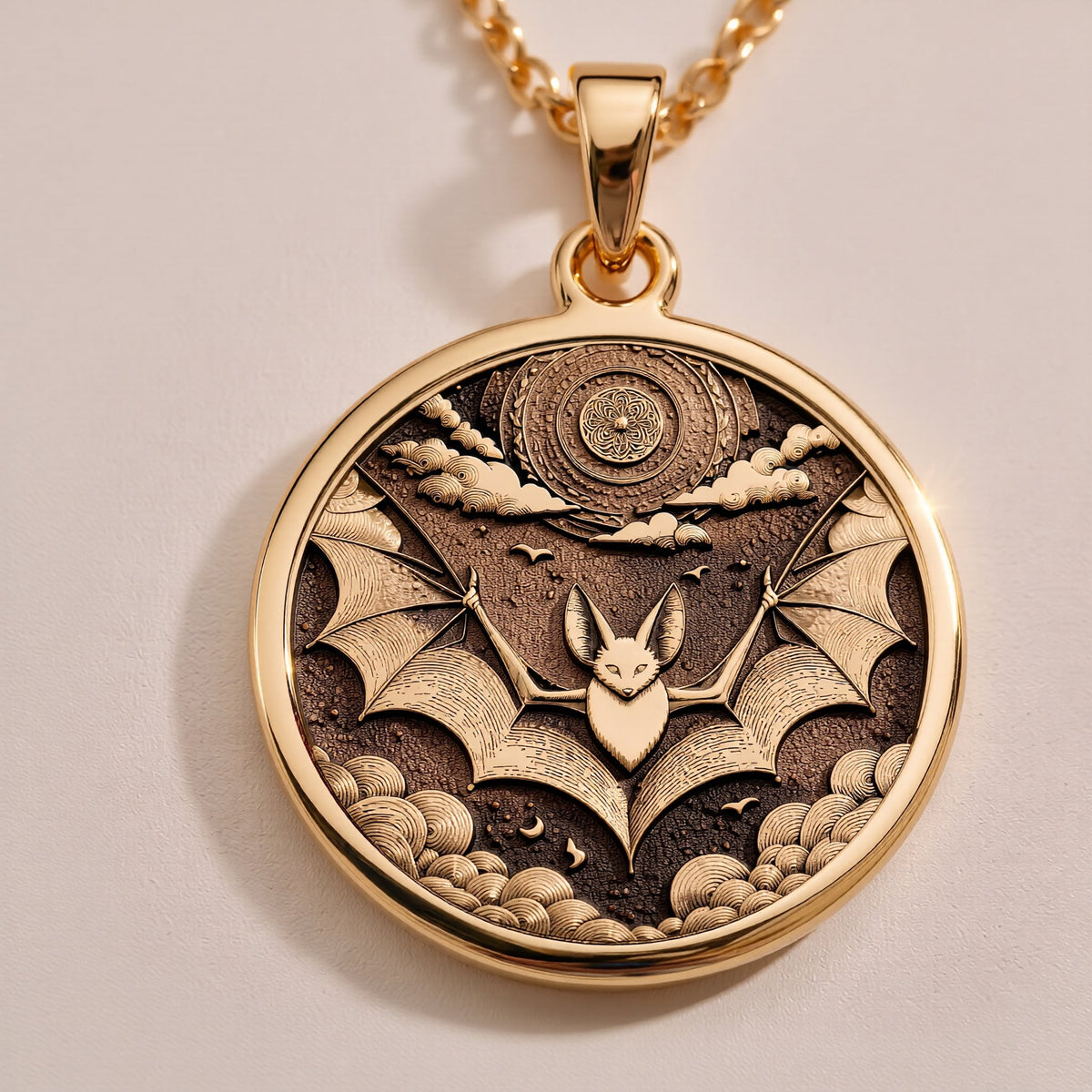 Gothic Bat Moon Pendant Necklace Necklaces 14K Rose 14K 14K Rose Gold Plated pendant necklace featuring a winged bat design on a circular frame.