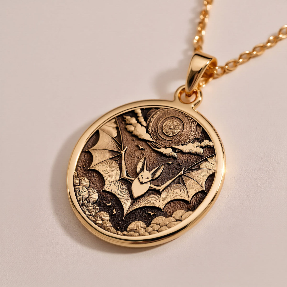 Gothic Bat Moon Pendant Necklace Necklaces 14K Rose 14K 14K Rose Gold Plated pendant necklace with intricate circular engraving and detailed pattern.