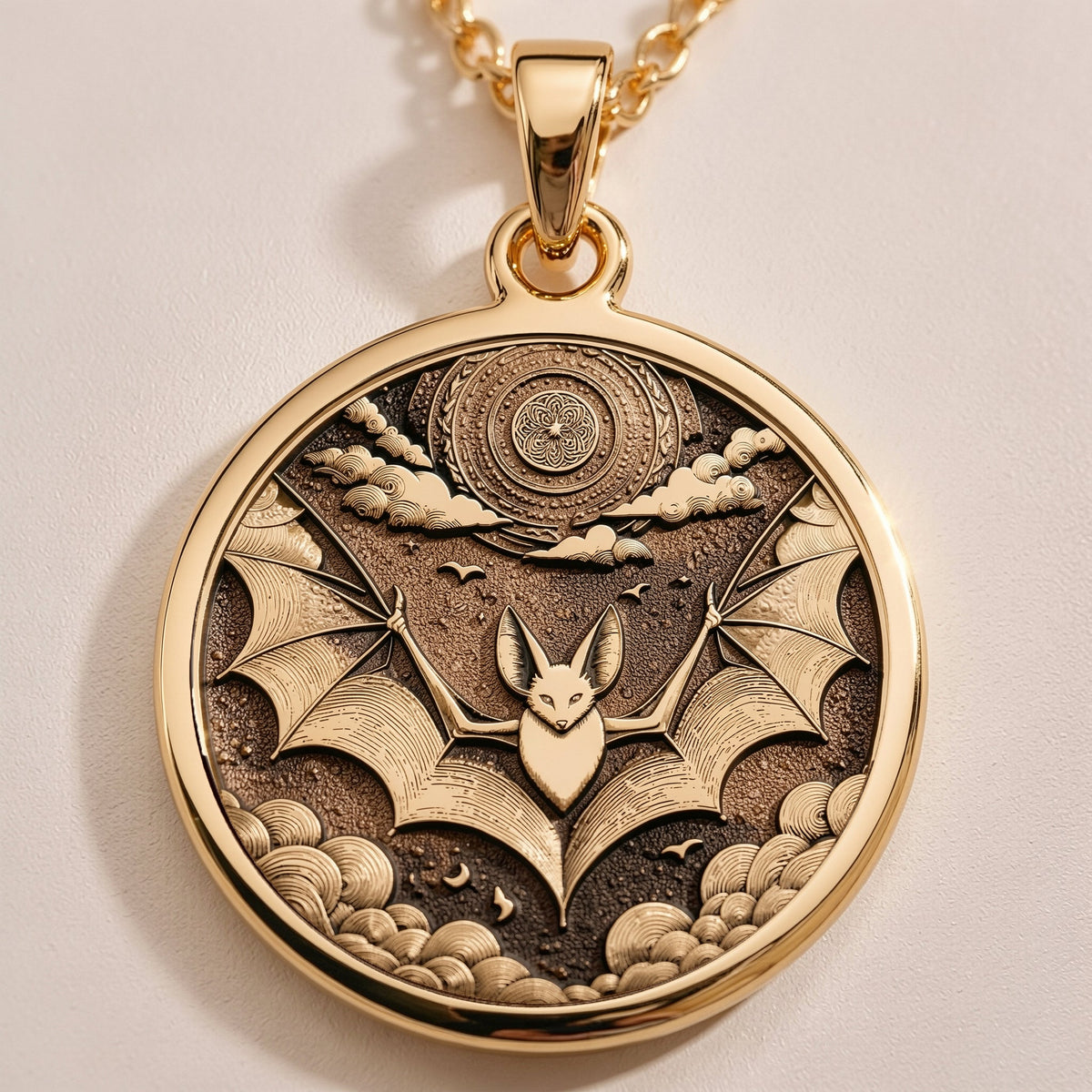 14K 14K Gold Plated Gothic Bat Moon Pendant Necklace Necklaces Gold plated round pendant necklace with customizable text engraving options.