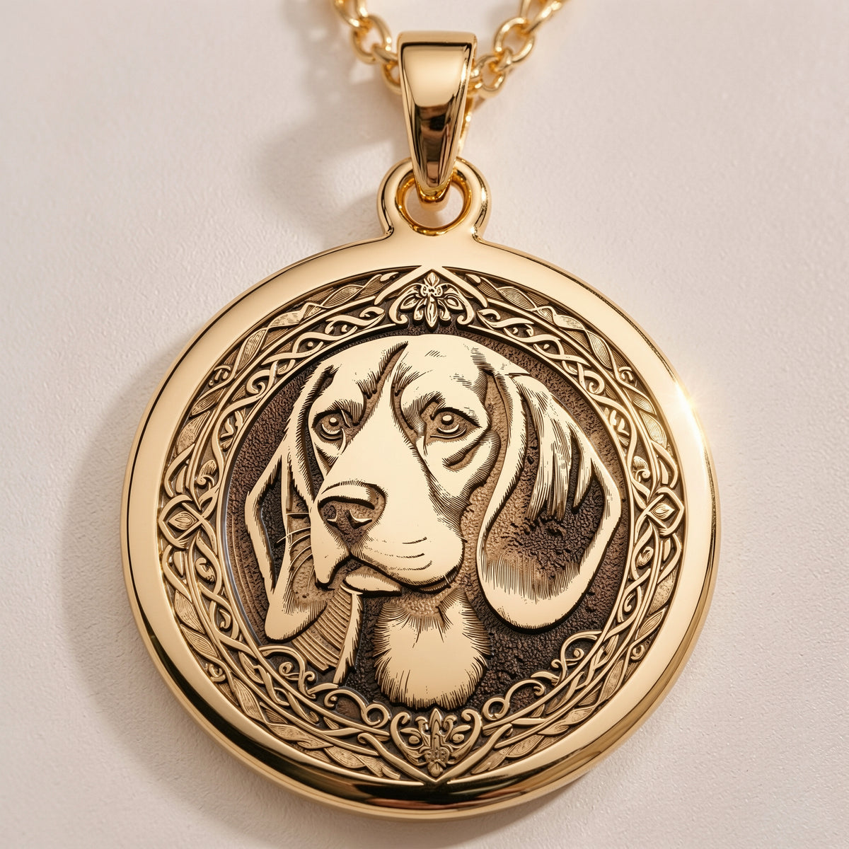 14K Gold Plated Beagle Angel Dog Medallion with memorial symbolism. Detailed hound breed angel pendant with wings, halo and radiant elements. Elegant rainbow bridge jewelry gift representing eternal bond with departed beloved Beagle companion.