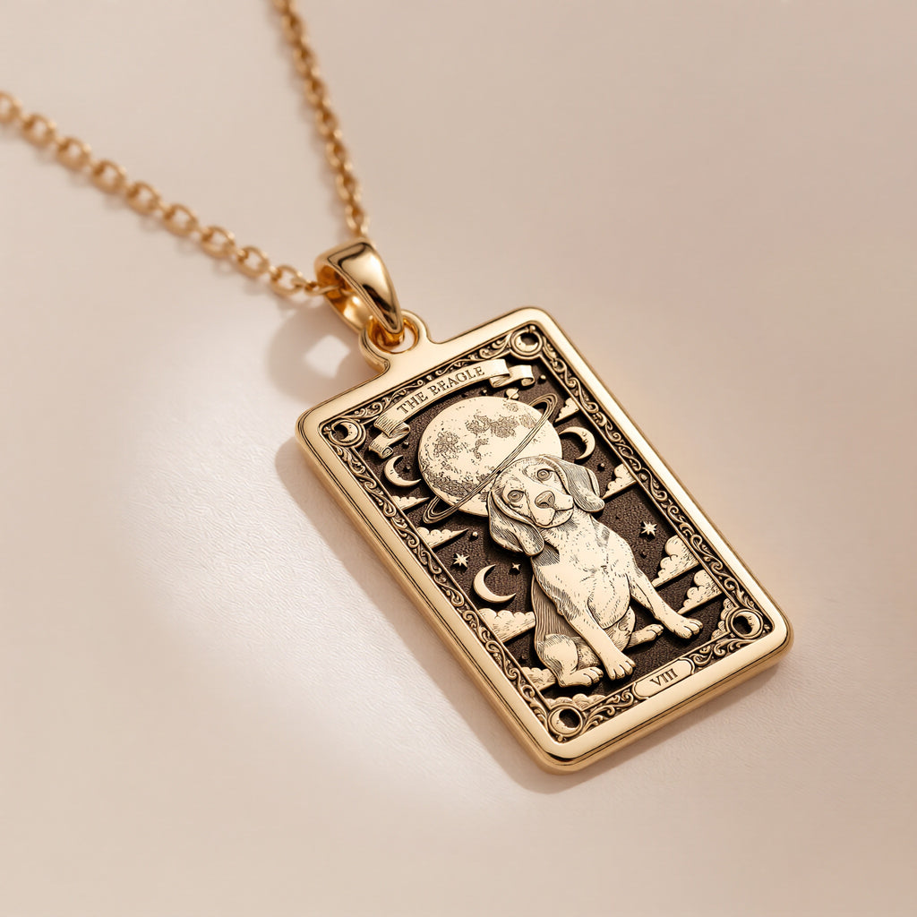 An heirloom-quality 14K solid gold Beagle tarot pendant. The art shows the dog under the moon, symbolizing curiosity, a precious dog mom gift.