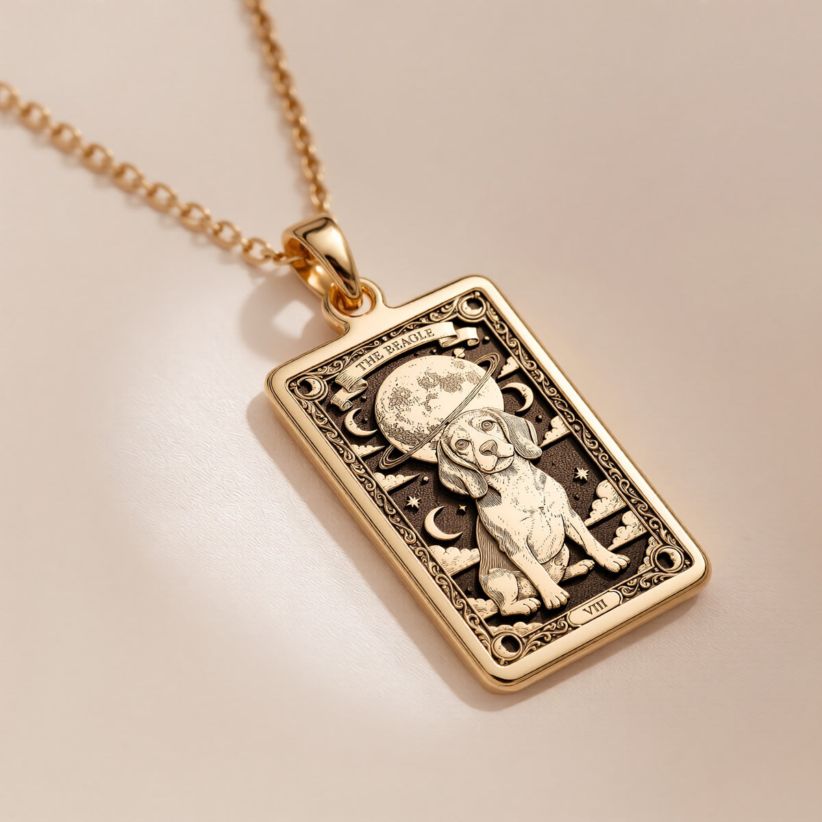 An heirloom-quality 14K solid gold Beagle tarot pendant. The art shows the dog under the moon, symbolizing curiosity, a precious dog mom gift.