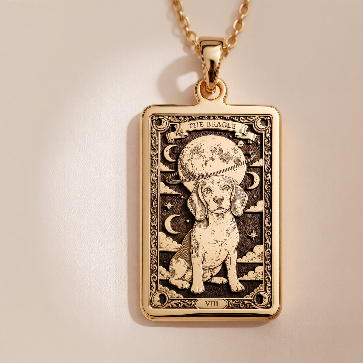 A polished 14K solid gold Beagle medallion. This fine pet jewelry represents the breed's joyful spirit, a perfect dog lover gift.