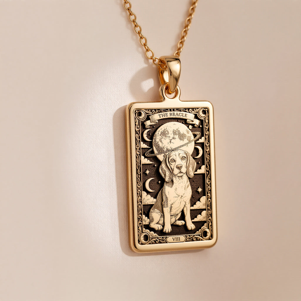 An heirloom-quality 14K solid gold Beagle tarot pendant. The art shows the dog under the moon, symbolizing curiosity, a precious dog mom gift.