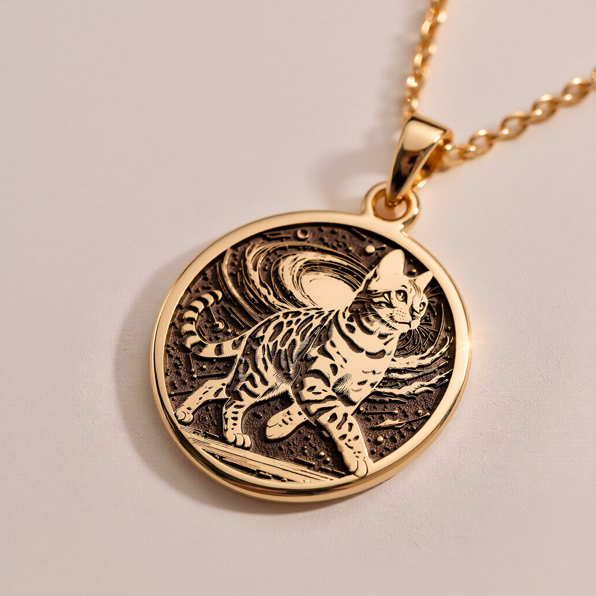 A personalized 925 sterling silver Bengal Cat necklace. This gift celebrates the exotic grace of the Bengal, a cherished pet memorial keepsake.