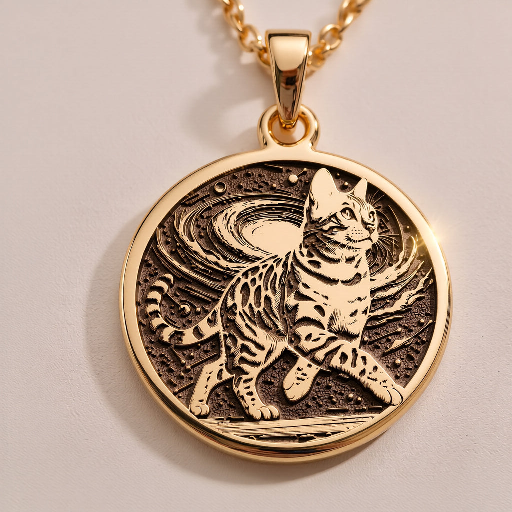 An elegant rose gold plated Bengal Cat pendant. The beautiful engraving makes this a dainty and modern piece of pet jewelry.