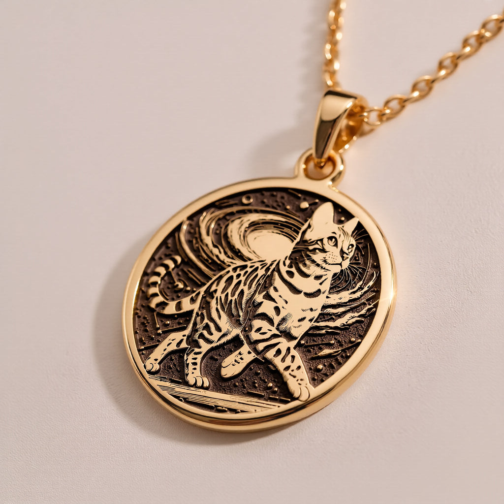 A custom rose gold plated Cat Lover tarot necklace. This piece is a perfect gift, celebrating the adventurous heart of the Bengal cat.