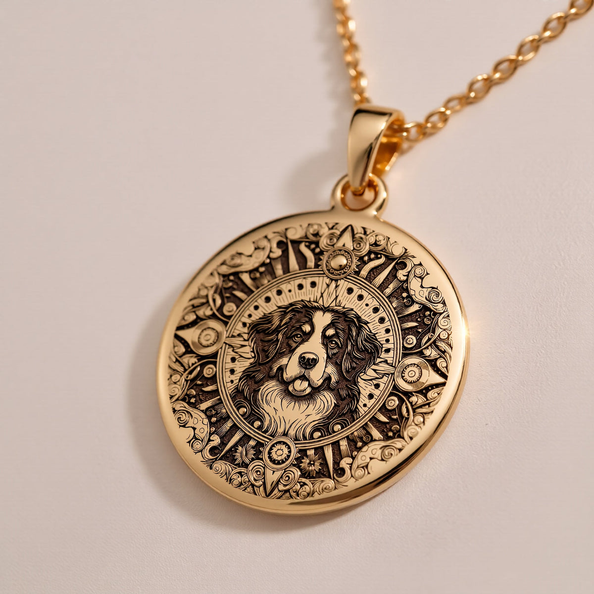 An elegant rose gold plated Bernese Mountain Dog pendant. The beautiful engraving makes this a dainty and modern piece of pet jewelry.