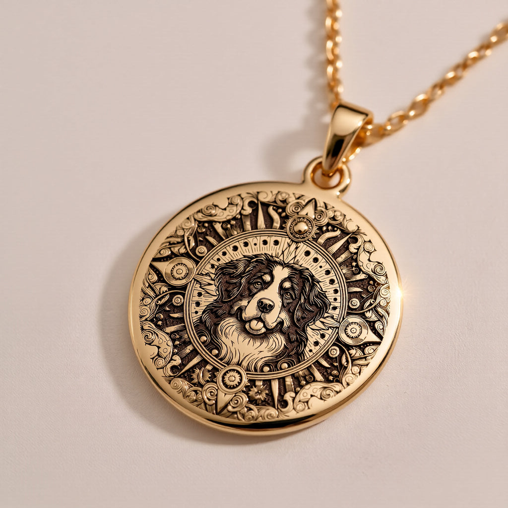A custom rose gold plated Dog Lover tarot necklace. This piece is a perfect gift, celebrating the noble heart of the Bernese Mountain Dog.