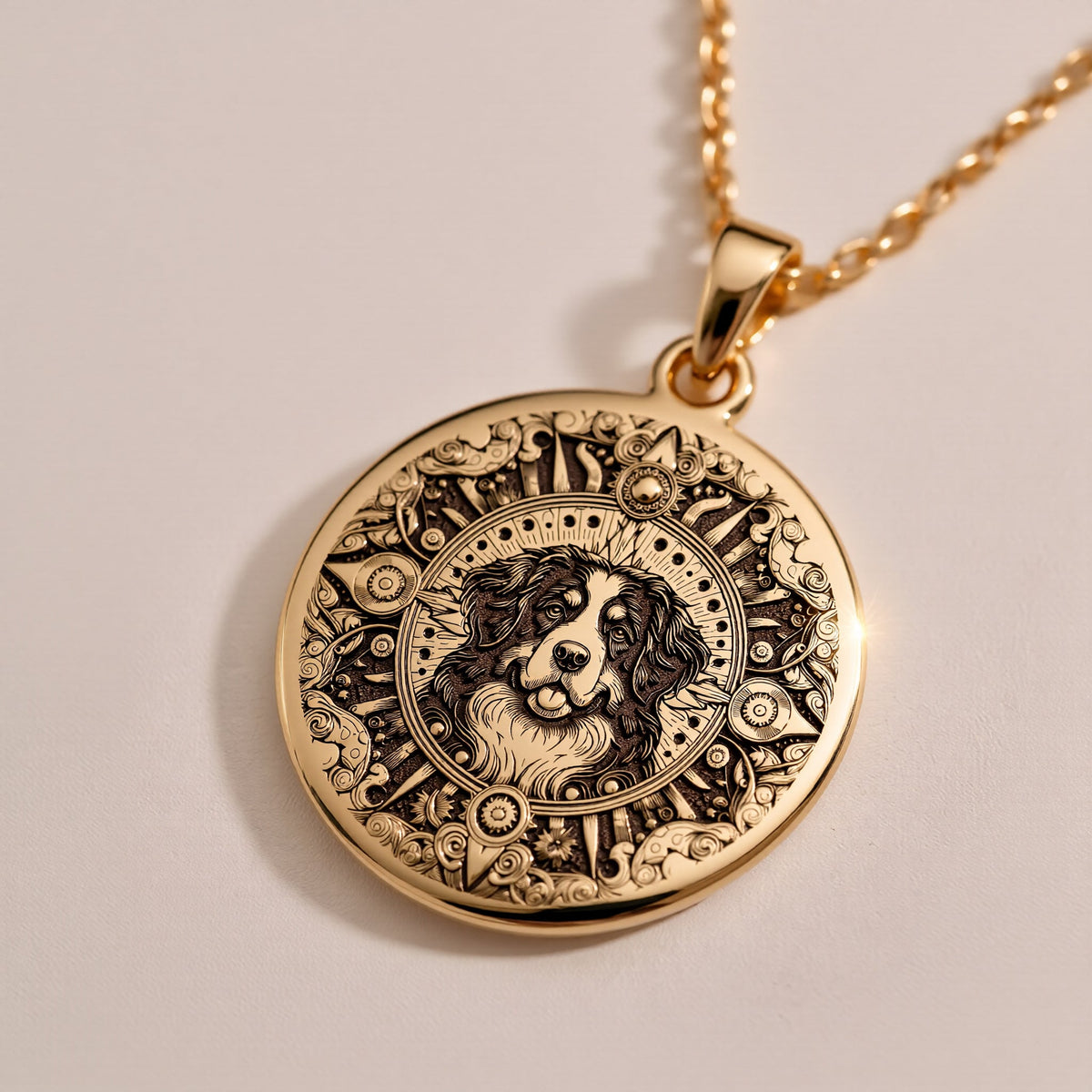 A custom rose gold plated Dog Lover tarot necklace. This piece is a perfect gift, celebrating the noble heart of the Bernese Mountain Dog.