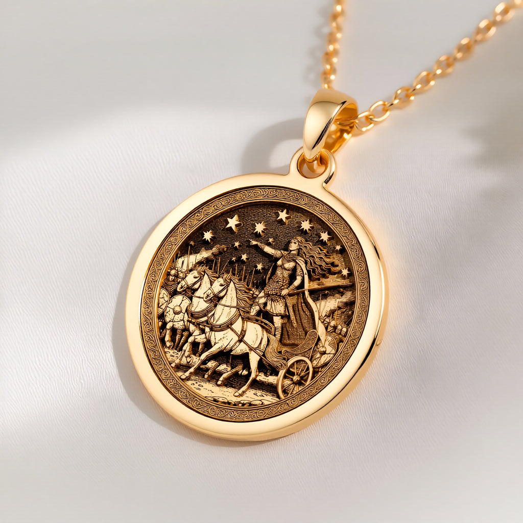 14K solid gold Boudica Celtic Queen Necklace: round  of Boudica Celtic Queen with engra...