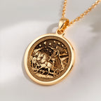 14K solid gold Boudica Celtic Queen Necklace: round  of Boudica Celtic Queen with engra...