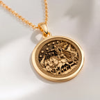 14K solid gold Boudica Celtic Queen Necklace: round  of Boudica Celtic Queen with engra...
