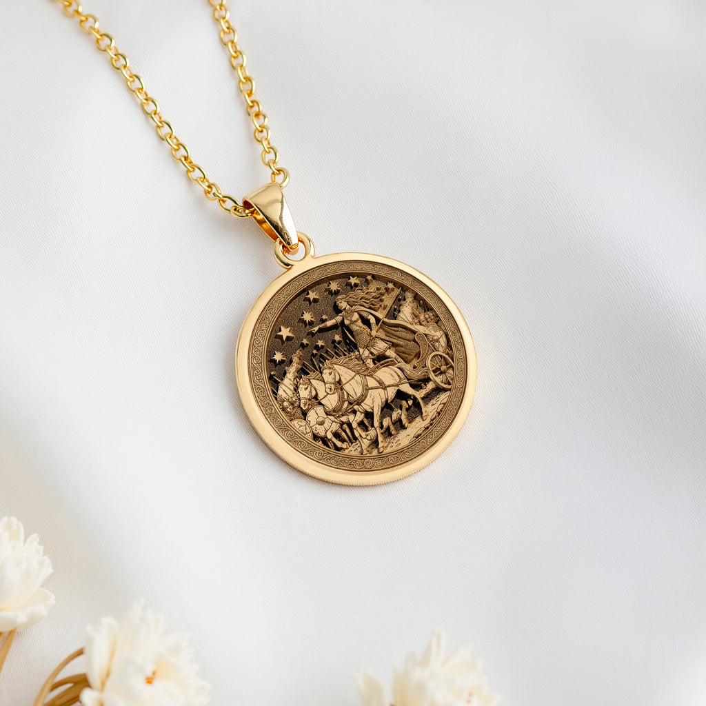 14K solid gold Boudica Celtic Queen Necklace: round  of Boudica Celtic Queen with engra...