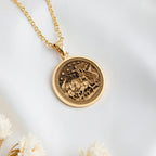 14K solid gold Boudica Celtic Queen Necklace: round  of Boudica Celtic Queen with engra...
