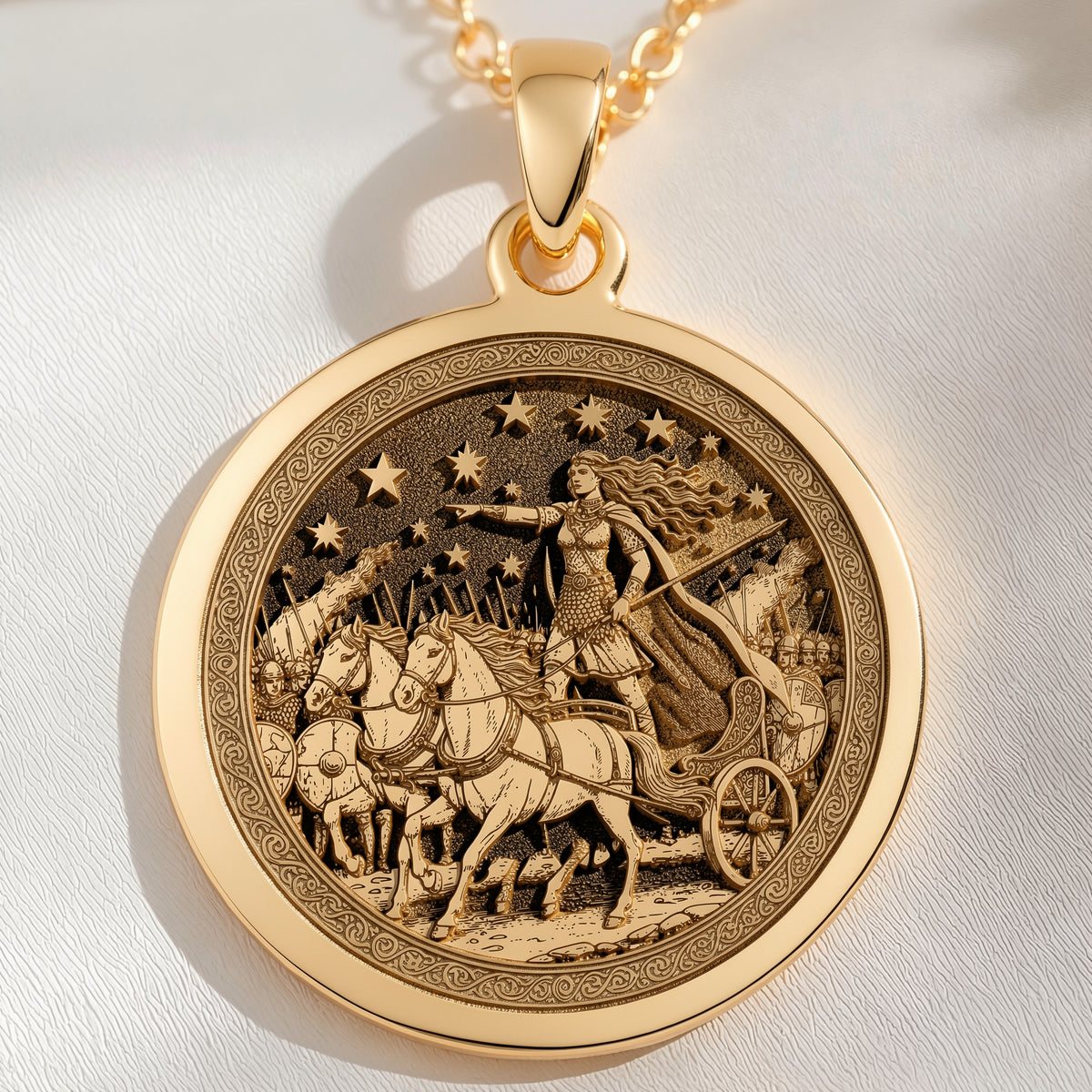 14K solid gold Boudica Celtic Queen Necklace: round  of Boudica Celtic Queen with engra...