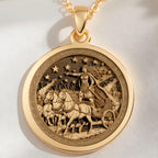 14K solid gold Boudica Celtic Queen Necklace: round  of Boudica Celtic Queen with engra...