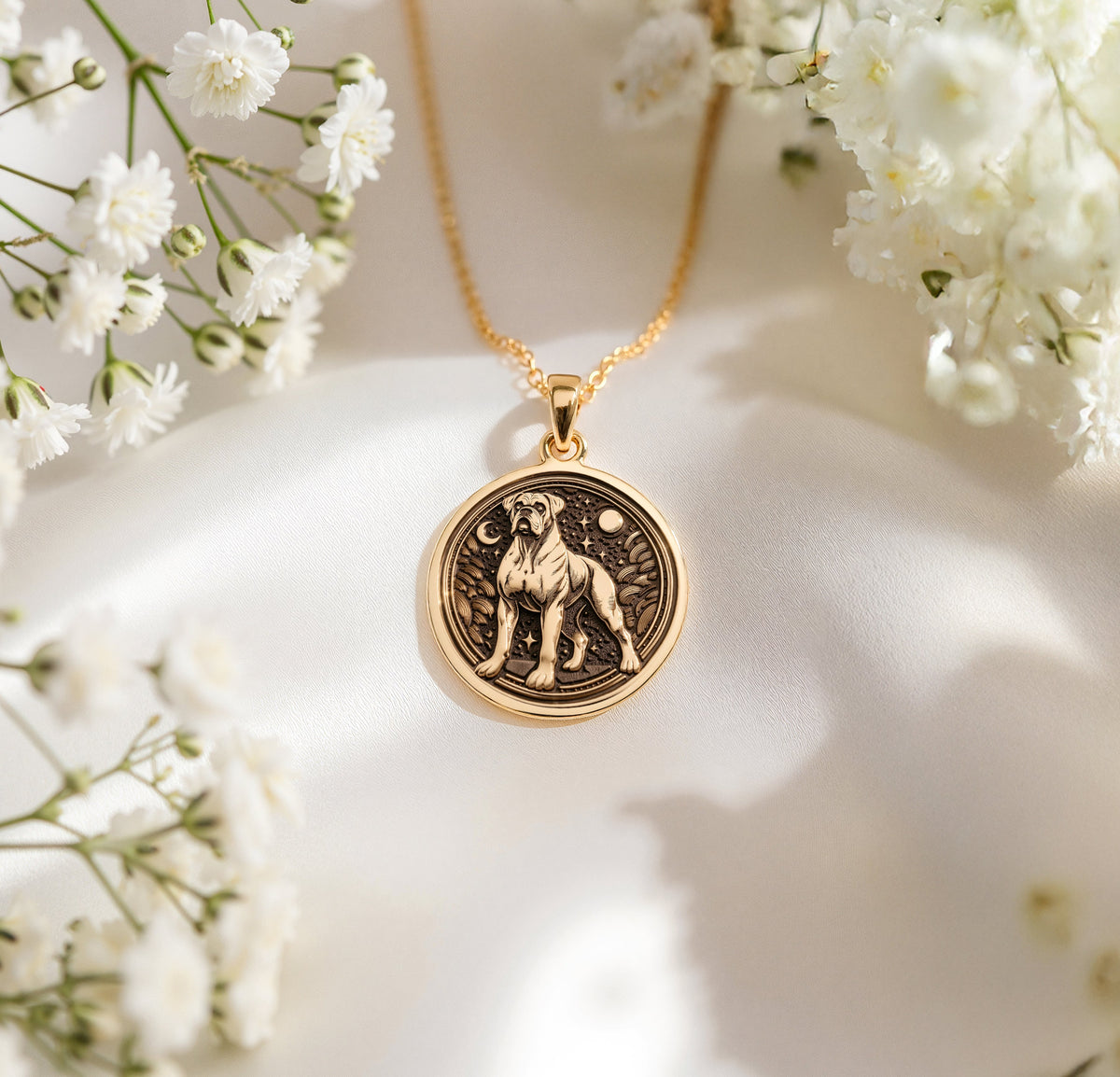 A polished 14K solid gold Boxer medallion. This fine pet jewelry represents the breed's playful energy, a perfect dog lover gift.