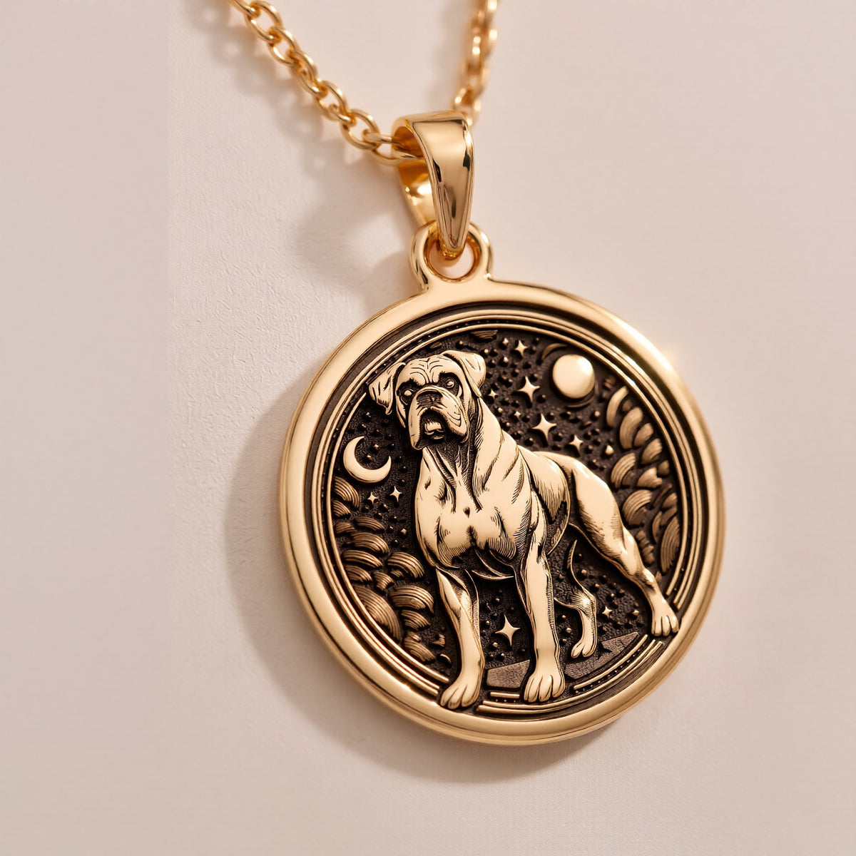 A personalized 925 sterling silver Boxer necklace. This gift celebrates the courageous heart of the Boxer, a cherished pet memorial keepsake.
