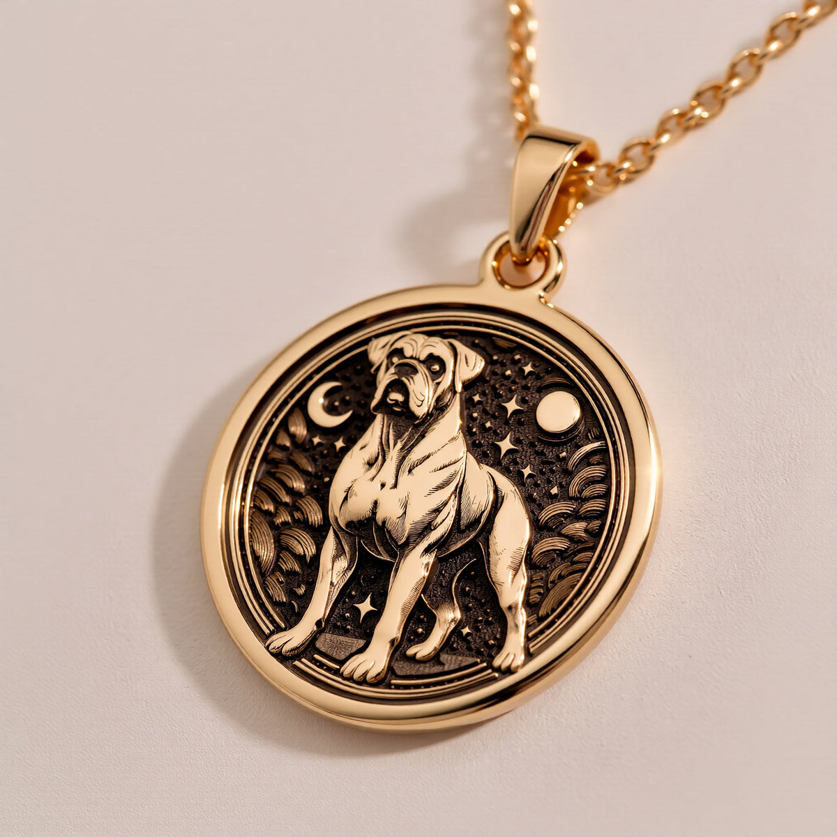 An elegant rose gold plated Boxer pendant. The beautiful engraving makes this a dainty and modern piece of pet jewelry.