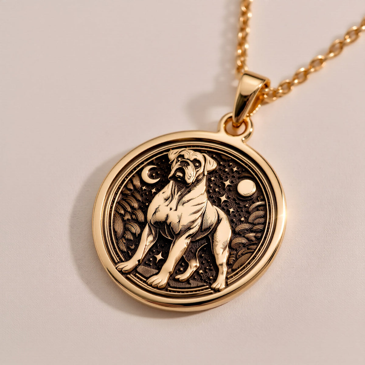 A custom rose gold plated Dog Lover tarot necklace. This piece is a perfect gift, honoring the goofy and loving spirit of the Boxer.