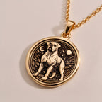 A custom rose gold plated Dog Lover tarot necklace. This piece is a perfect gift, honoring the goofy and loving spirit of the Boxer.