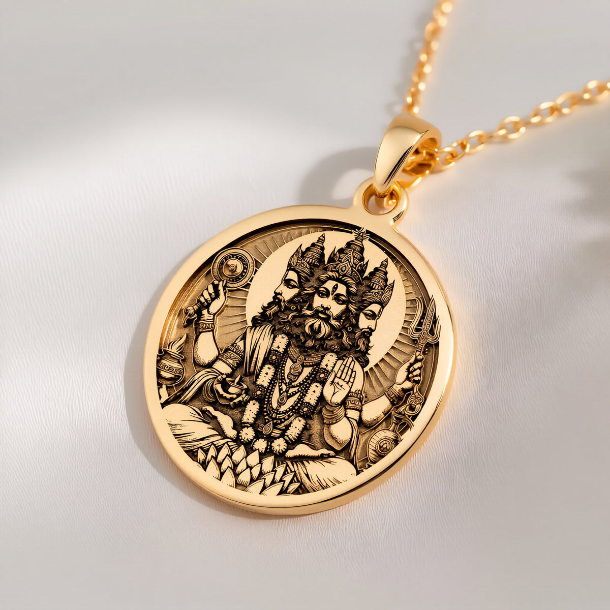 14K solid gold Brahma Creator God Pendant: round  of Brahma Hindu creator god with engr...