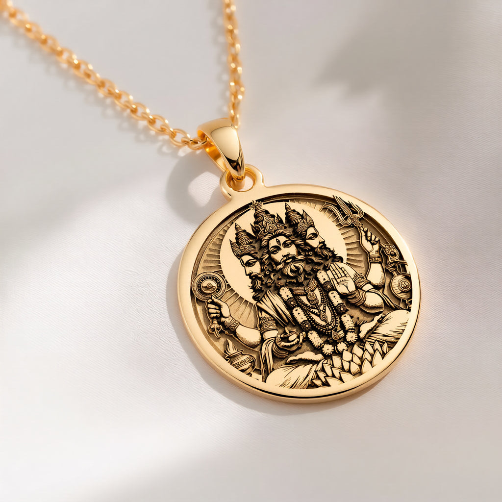14K solid gold Brahma Creator God Pendant: round  of Brahma Hindu creator god with engr...