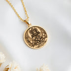 14K solid gold Brahma Creator God Pendant: round  of Brahma Hindu creator god with engr...