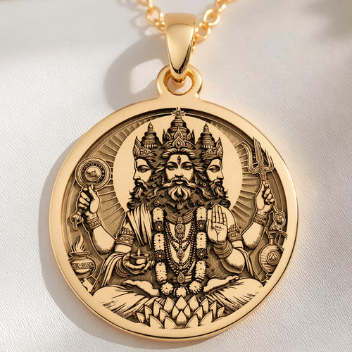 14K solid gold Brahma Creator God Pendant: round  of Brahma Hindu creator god with engr...